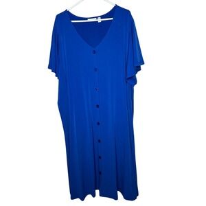 Susan Graver Liquid‎ Knit Royal Blue Shirt Dress Midi Maxi Short Sleeve Comfort
